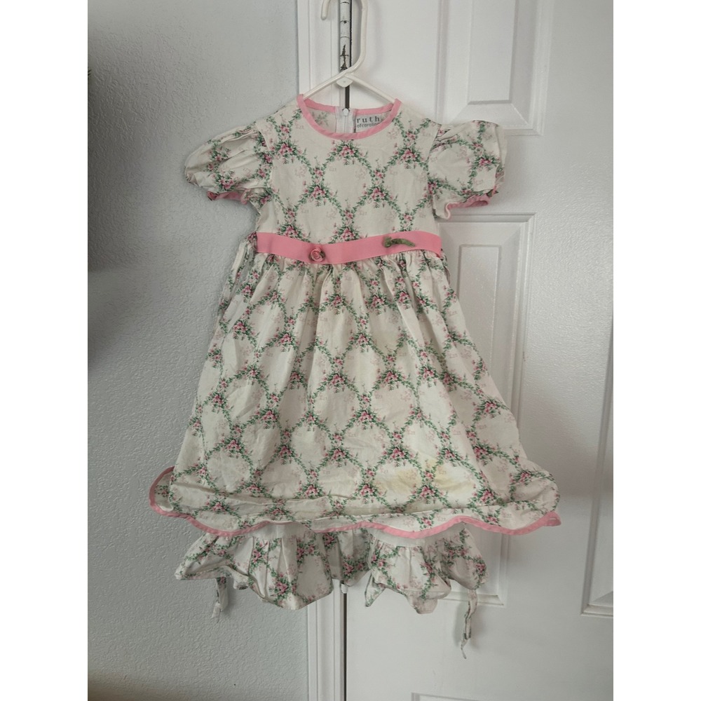 Ruth of Carolina Vintage Girls Floral Puff Sleeve Ruffle Party Dress Pink Green